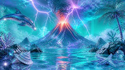 an erupting volcano with lightning strikes, dramatic wide composition, no text