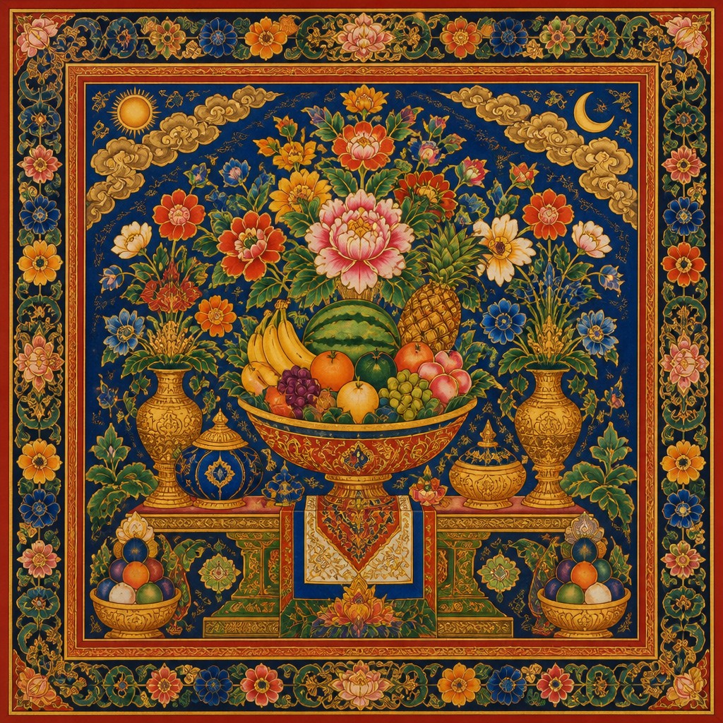 still life arrangement of fruits and flowers
