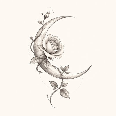 a rose entwined with a crescent moon, clean balanced composition on a plain background, no text