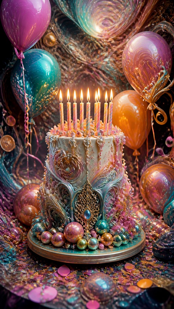 a birthday cake with lit candles surrounded by balloons and confetti, festive vertical composition, no text