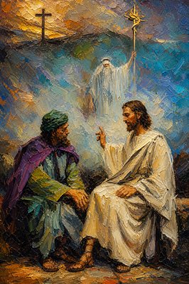 a painting of jesus talking to a man