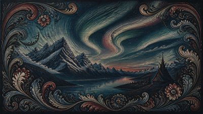 a flowing aurora over snowy peaks, wide sweeping composition, no people, no text