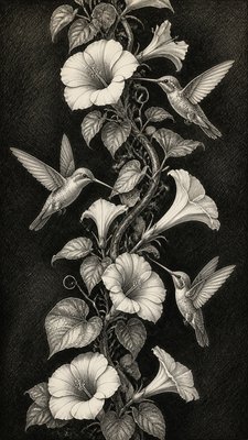 a climbing vine of flowers and hummingbirds on a dark background, tall wrapping composition, no text
