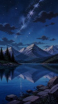 a tranquil mountain lake beneath a starry night sky, no people, no text
