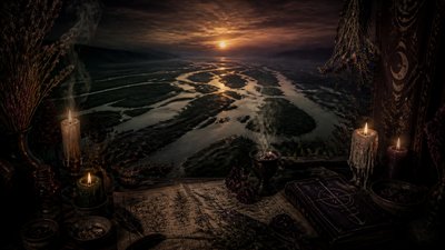 a wide river delta seen from above at sunset, no people