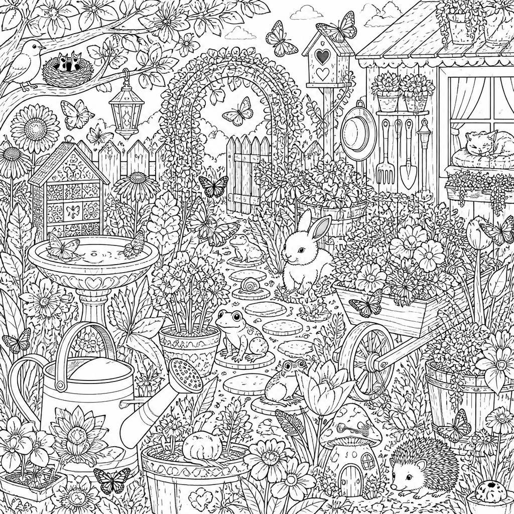 a garden scene with butterflies, flowers and a watering can, clean uncolored line art, no text