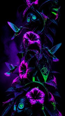 a climbing vine of flowers and hummingbirds on a dark background, tall wrapping composition, no text