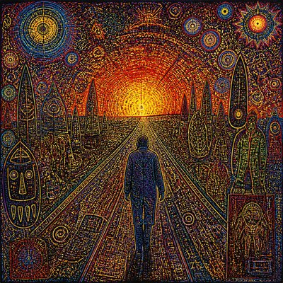 a solitary figure walking toward a glowing horizon across an empty plain, moody atmosphere, no text or lettering