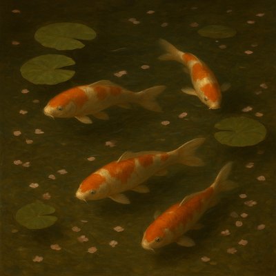 A koi pond seen from above, orange and white koi fish swimming among lily pads, clear water with subtle ripples, fallen cherry blossom petals floating on the surface, dappled sunlight