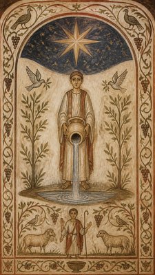 a robed figure pouring water beneath a large eight-pointed star in a night sky, symmetrical composition with an ornate decorative border, no text
