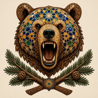 a roaring bear head above crossed pine branches, bold graphic composition on a plain background, no text