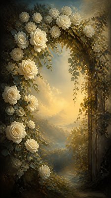 an arch of white roses and eucalyptus in soft morning light, elegant vertical composition with open space, no text