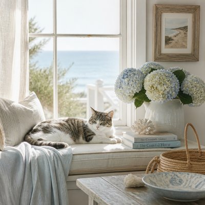 a cat lounging in a sunlit window