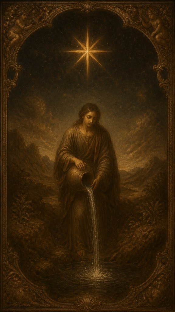 a robed figure pouring water beneath a large eight-pointed star in a night sky, symmetrical composition with an ornate decorative border, no text