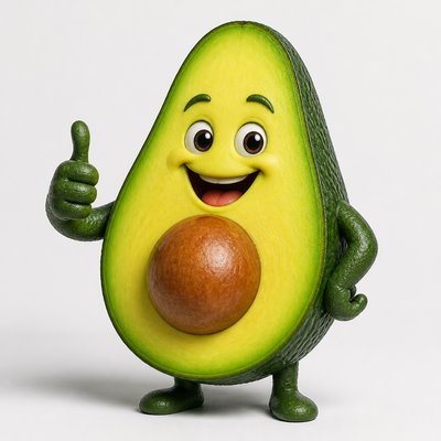 a happy avocado character giving a thumbs up, bold readable design on a plain background, no text
