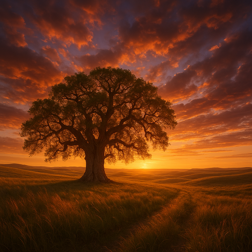 Epic Landscape Photography Style, Wide-Angle Lens, Golden Hour Lighting. A profound, sweeping photograph of a single, colossal ancient Eastern Cottonwood tree standing isolated in the center of a vast expanse of the Nebraska rolling highlands (Sandhills).
The Tree: It is massive and gnarled, a true sentinel of the plains, with a thick, deeply fissured trunk and sprawling, asymmetrical branches shaped by years of constant wind.
The Environment: The surrounding landscape is a sea of undulating, gentle hills covered in knee-high mixed-grass prairie that glows coppery-gold and sage-green in the late afternoon light. The grasses are visibly swaying in the breeze. A faint, winding dirt track leads toward the horizon.
The Sky & Light: The sky is immense and dramatic, taking up two-thirds of the frame, filled with textured cumulus clouds catching the brilliant oranges, deep purples, and soft pinks of the sunset. The light is warm, casting long shadows across the folds of the hills. The mood is quiet, vast, and solitary.