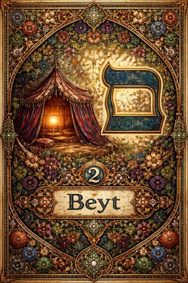 A picture of the Hebrew letter Beyt including both the paleo symbol of the bedouin tent meaning "house, family, in" and the modern Beyt symbol, the number 2 and the name of the letter "Beyt" 