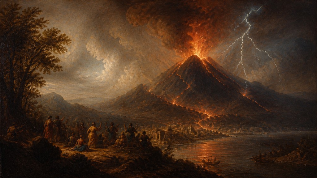 an erupting volcano with lightning strikes, dramatic wide composition, no text