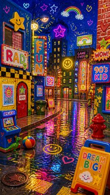 a quiet rainy city street at night reflecting neon signs, no people