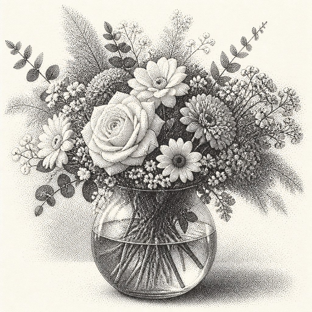 bouquet of flowers in a glass vase — Stippling Dotwork Style