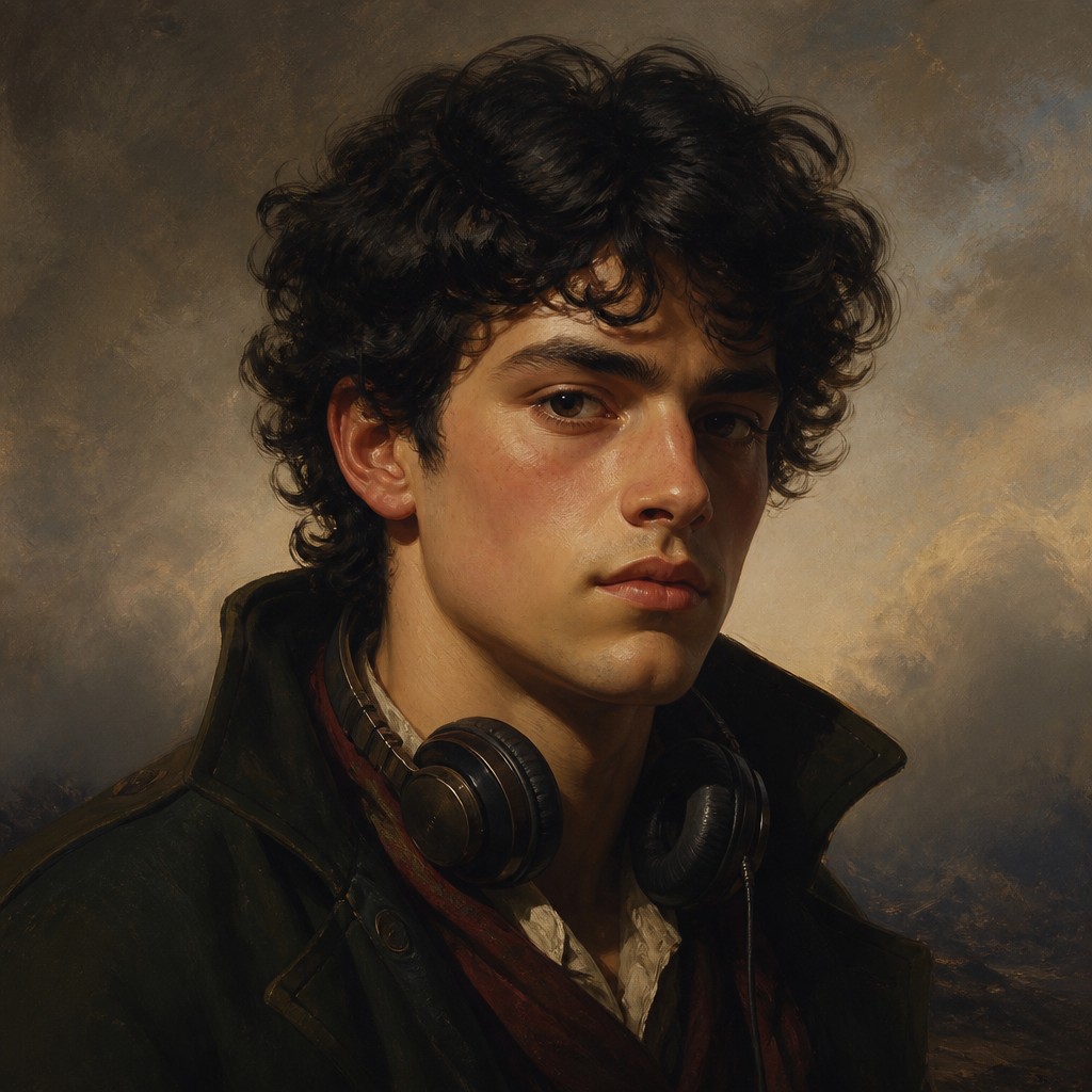 head-and-shoulders portrait of an original character: a young man with curly dark hair and headphones around his neck, plain backdrop, no text