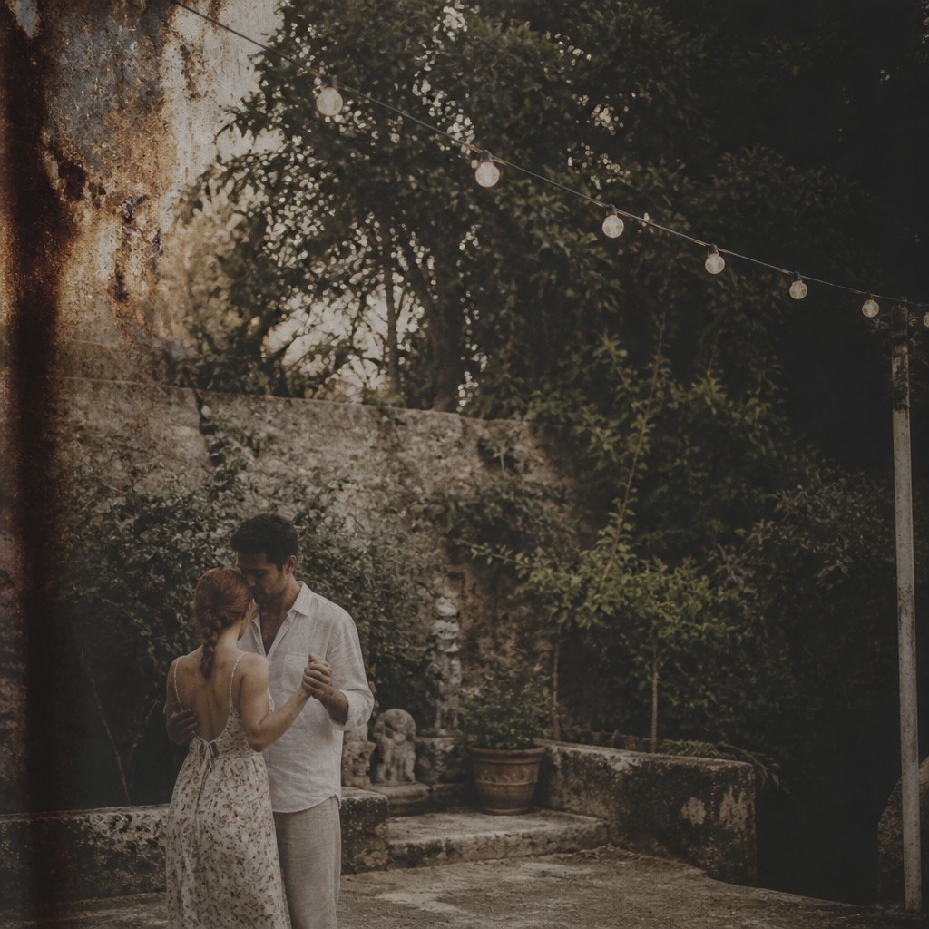 an original couple dancing under string lights in a garden at dusk: a man with short black hair in a linen shirt and a woman with braided red hair in a summer dress