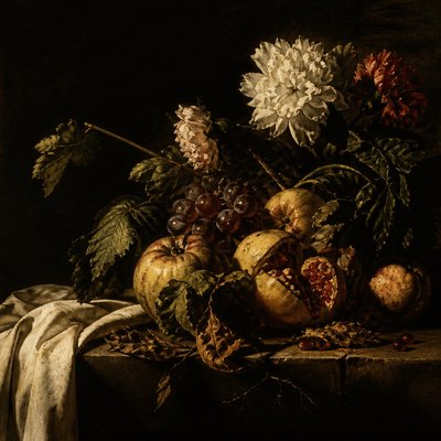 still life arrangement of fruits and flowers