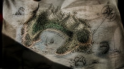 a map of an island realm with mountains, forests, a sheltered bay, sea monsters in the water and a compass rose, no text labels