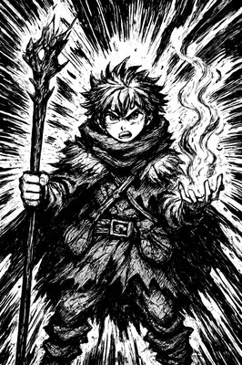 a black and white drawing of a wizard holding a staff