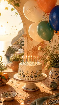 a birthday cake with lit candles surrounded by balloons and confetti, festive vertical composition, no text