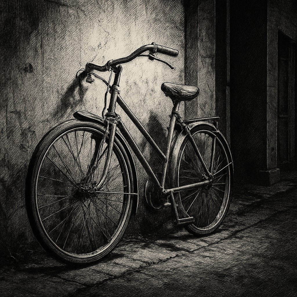bicyle resting against a wall