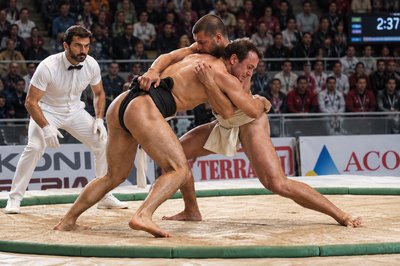 two men wrestling in a ring with a crowd watching