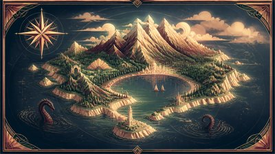 a map of an island realm with mountains, forests, a sheltered bay, sea monsters in the water and a compass rose, no text labels
