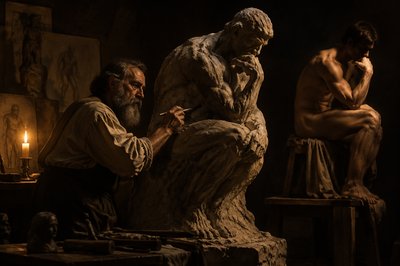 Rodin carving the Great Thinker with a model posing for him