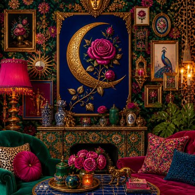 a rose entwined with a crescent moon, clean balanced composition on a plain background, no text