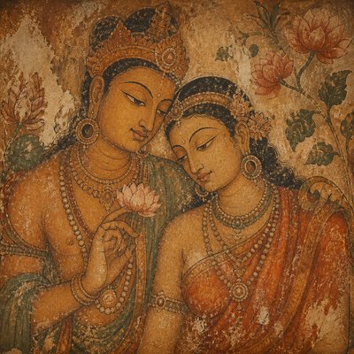portrait of two people together — Ancient Indian Mural Art Style
