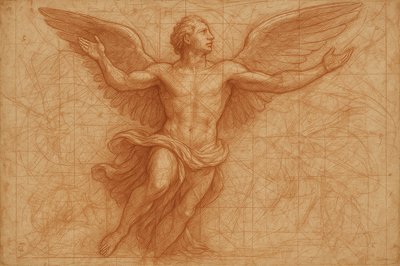 a drawing of a man with wings on a sheet of paper