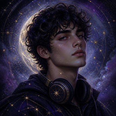 head-and-shoulders portrait of an original character: a young man with curly dark hair and headphones around his neck, plain backdrop, no text