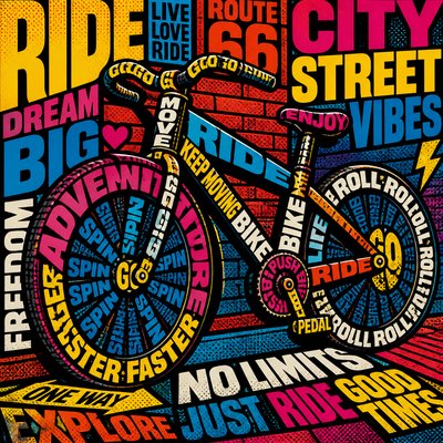 bicyle resting against a wall — Typography Pop Art Style