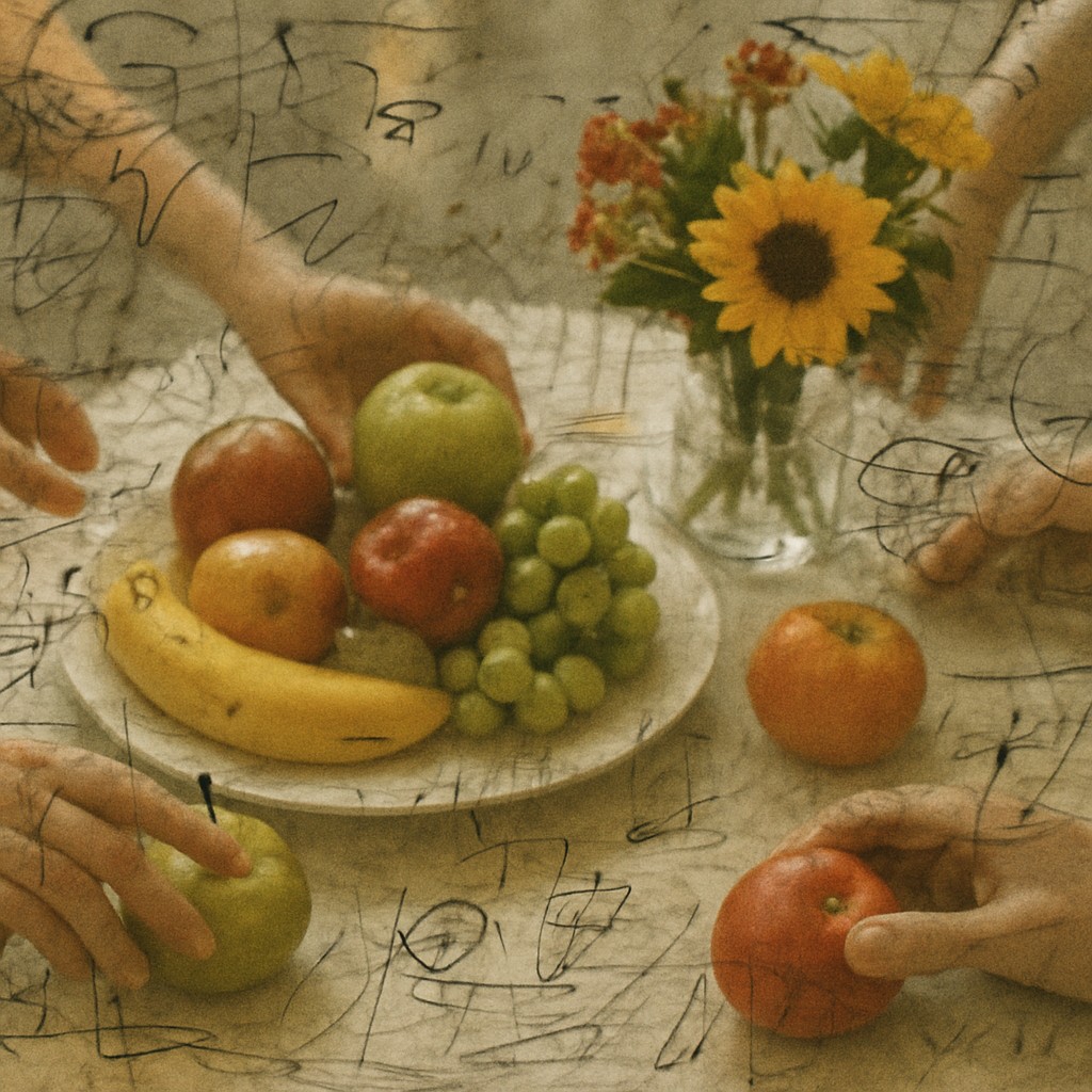 still life arrangement of fruits and flowers