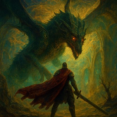 a painting of a man holding a sword in front of a dragon