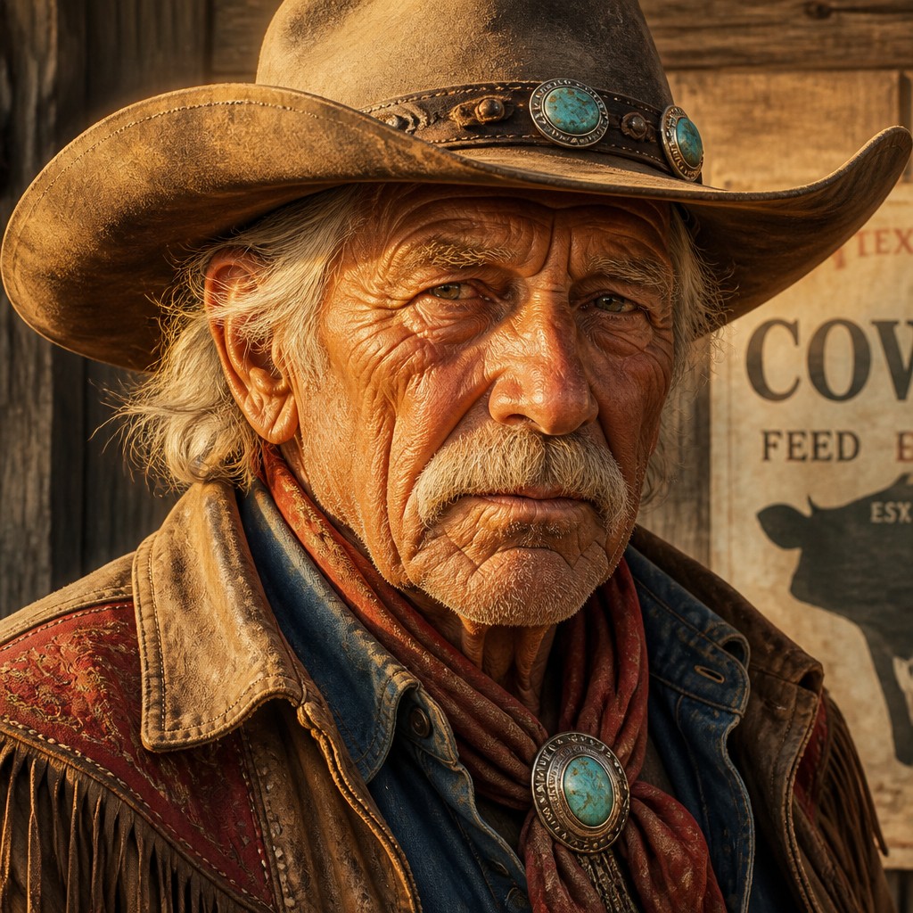 close-up portrait of an elderly person with expressive weathered features — Cowboycore Aesthetic