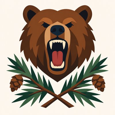 a roaring bear head above crossed pine branches, bold graphic composition on a plain background, no text