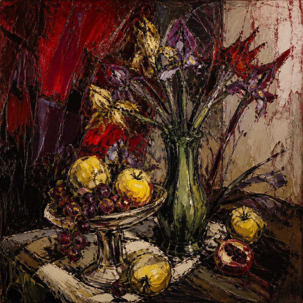 still life arrangement of fruits and flowers