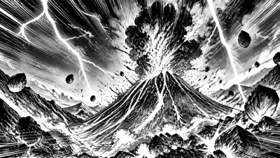 an erupting volcano with lightning strikes, dramatic wide composition, no text