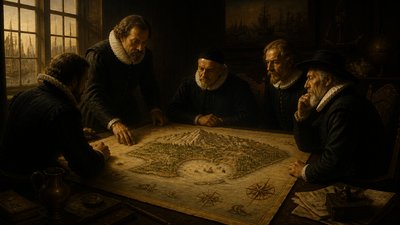 a map of an island realm with mountains, forests, a sheltered bay, sea monsters in the water and a compass rose, no text labels