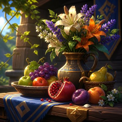 still life arrangement of fruits and flowers