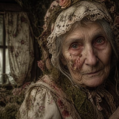 close-up portrait of an elderly person with expressive weathered features