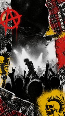a live music scene with a glowing stage and silhouetted crowd, energetic vertical composition with open space at the top, no text