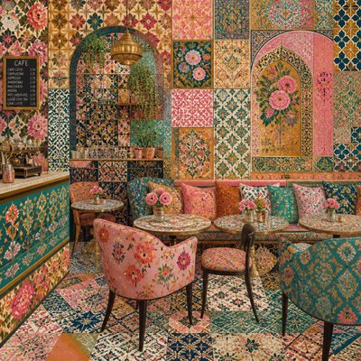 cozy cafe interior with warm lighting